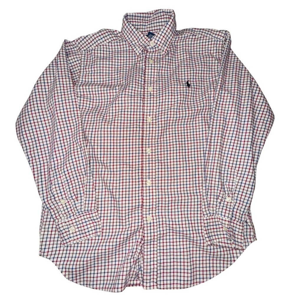 Ralph Lauren Boys L (14-16) White Blue Red Plaid ButtonDown Shirt Preppy Classic